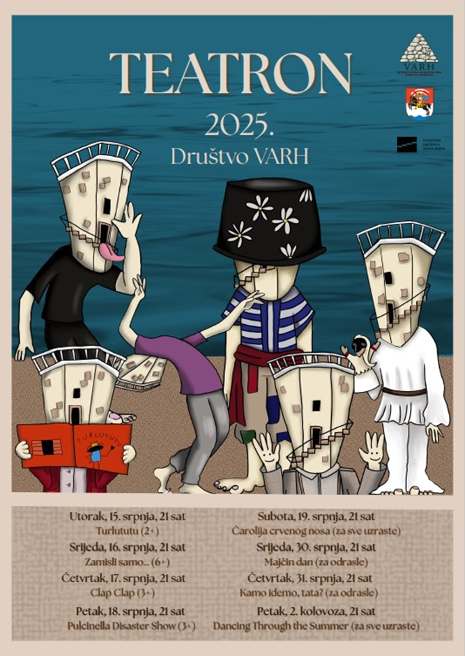 Plakat festivala Teatron Silba 2025. prikazuje ilustrirani vizual programa festivala s kazališnim likovima, otočnim motivima i rasporedom izvedbi. Plakat naglašava izvedbeni, lokalni i komunikacijski identitet festivala.