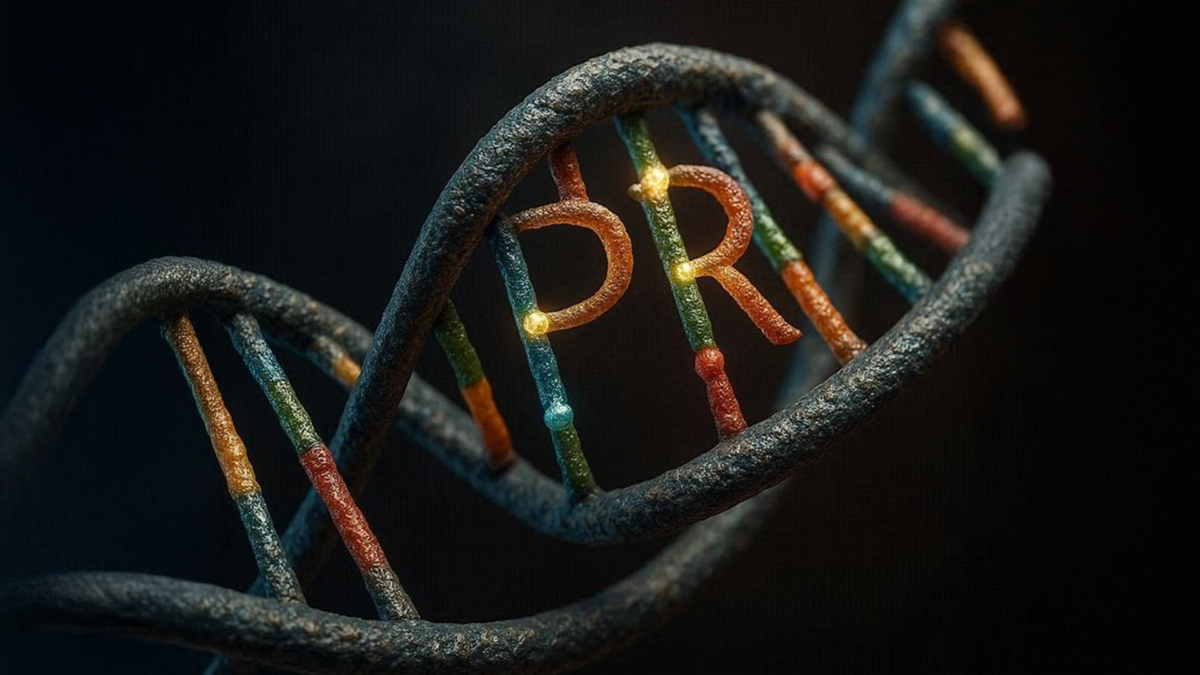 Ilustracija DNK s upisanim slovima "PR"