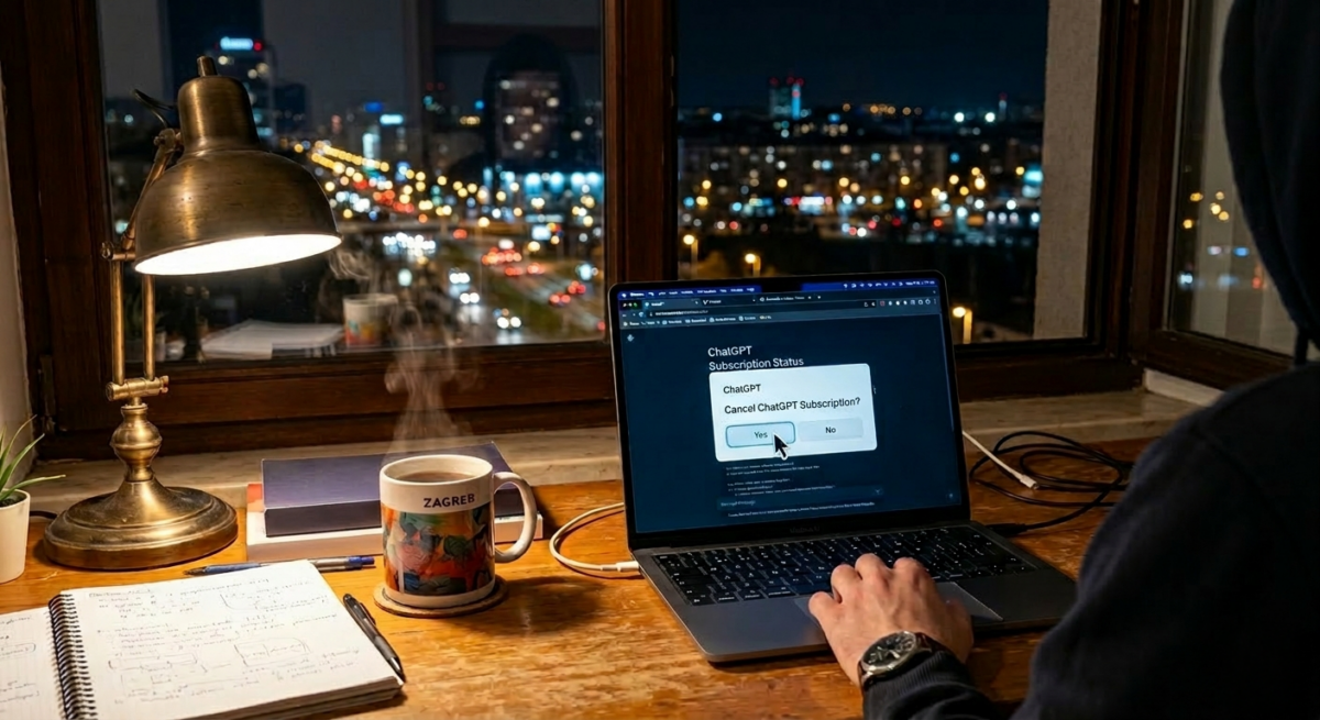 Laptop s otvorenim prozorom za potvrdu otkazivanja ChatGPT pretplate.