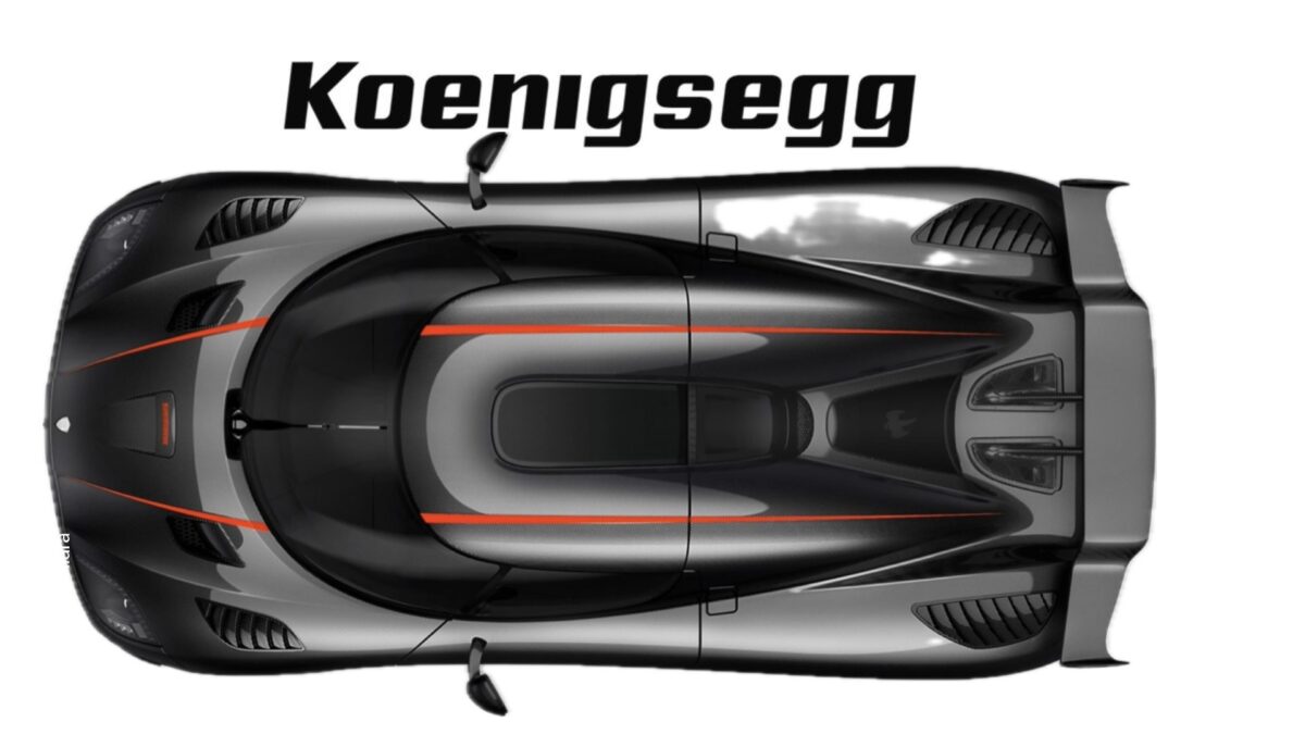 Crni auto na bijeloj pozadini s nazivom Koenigsegg.