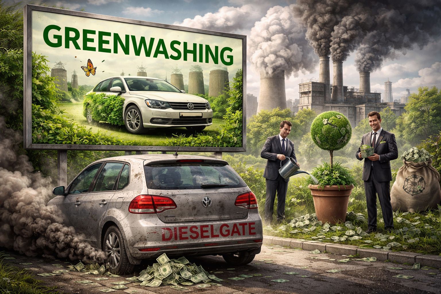 Auto iz kojeg se dimi, u pozadini dva čovjeka i billboard s natpisom "greenwashing".