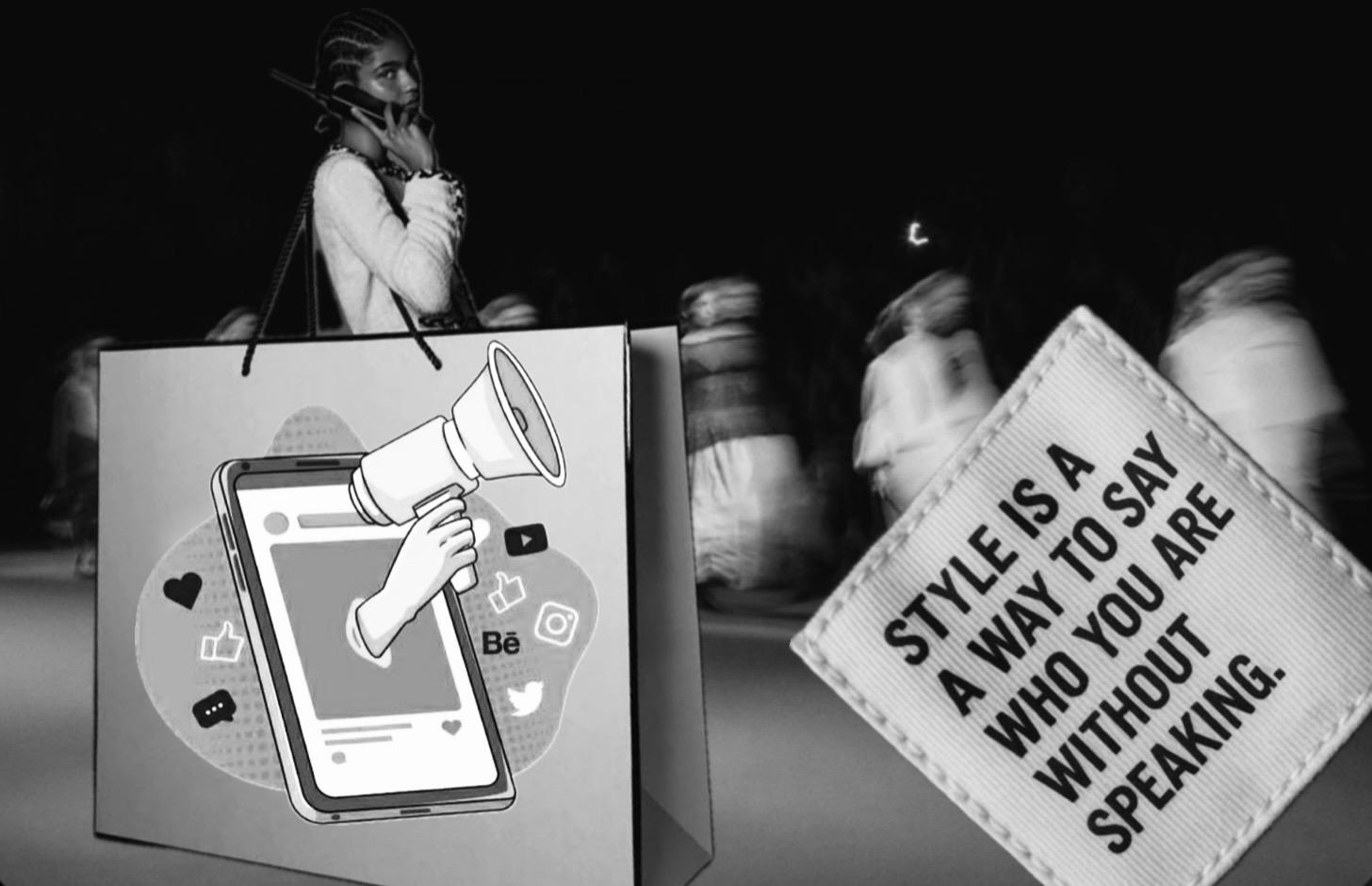 Ilustracija žene s velikom vrećom za kupovinu i citat.