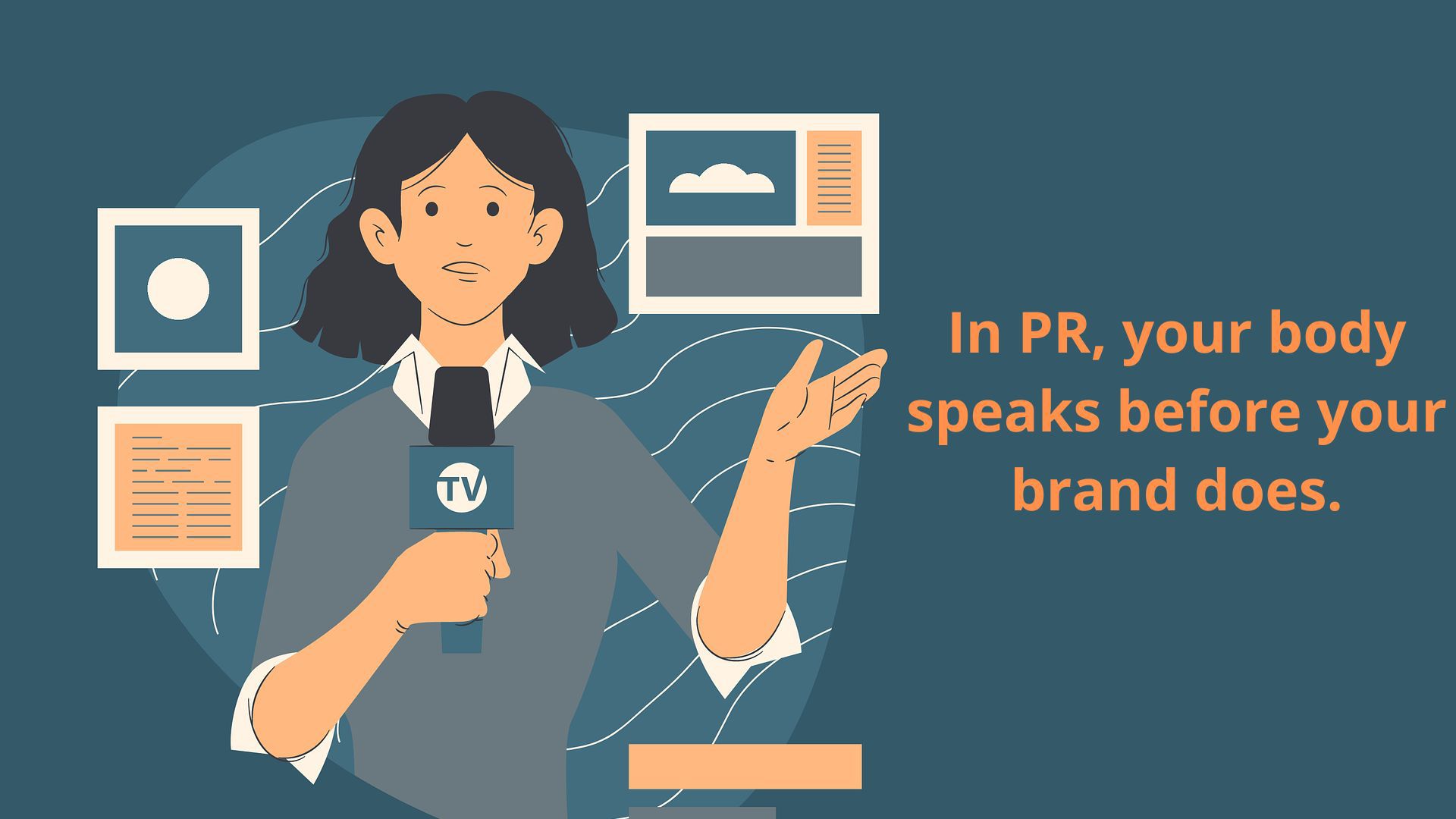 Ilustracija novinarke koja izvještava i citat.