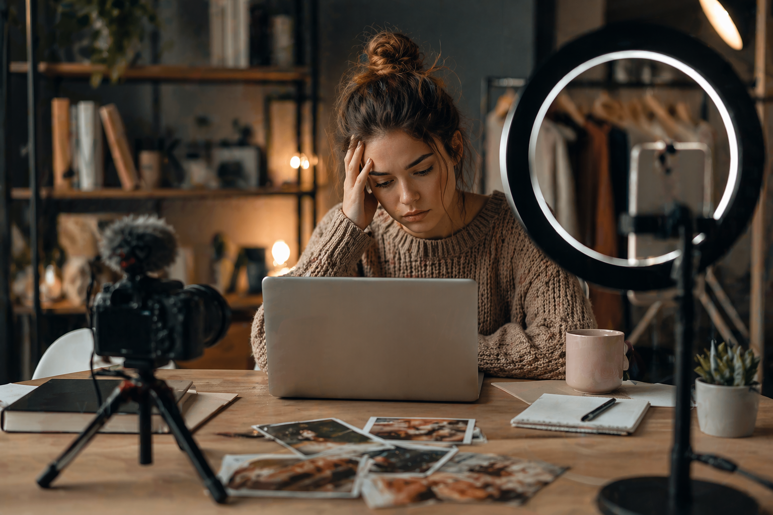 Prikaz žene koja radi na laptopu i priprema sadržaj dok je ispred nje postavljena kamera i ostali potrebni aparati.