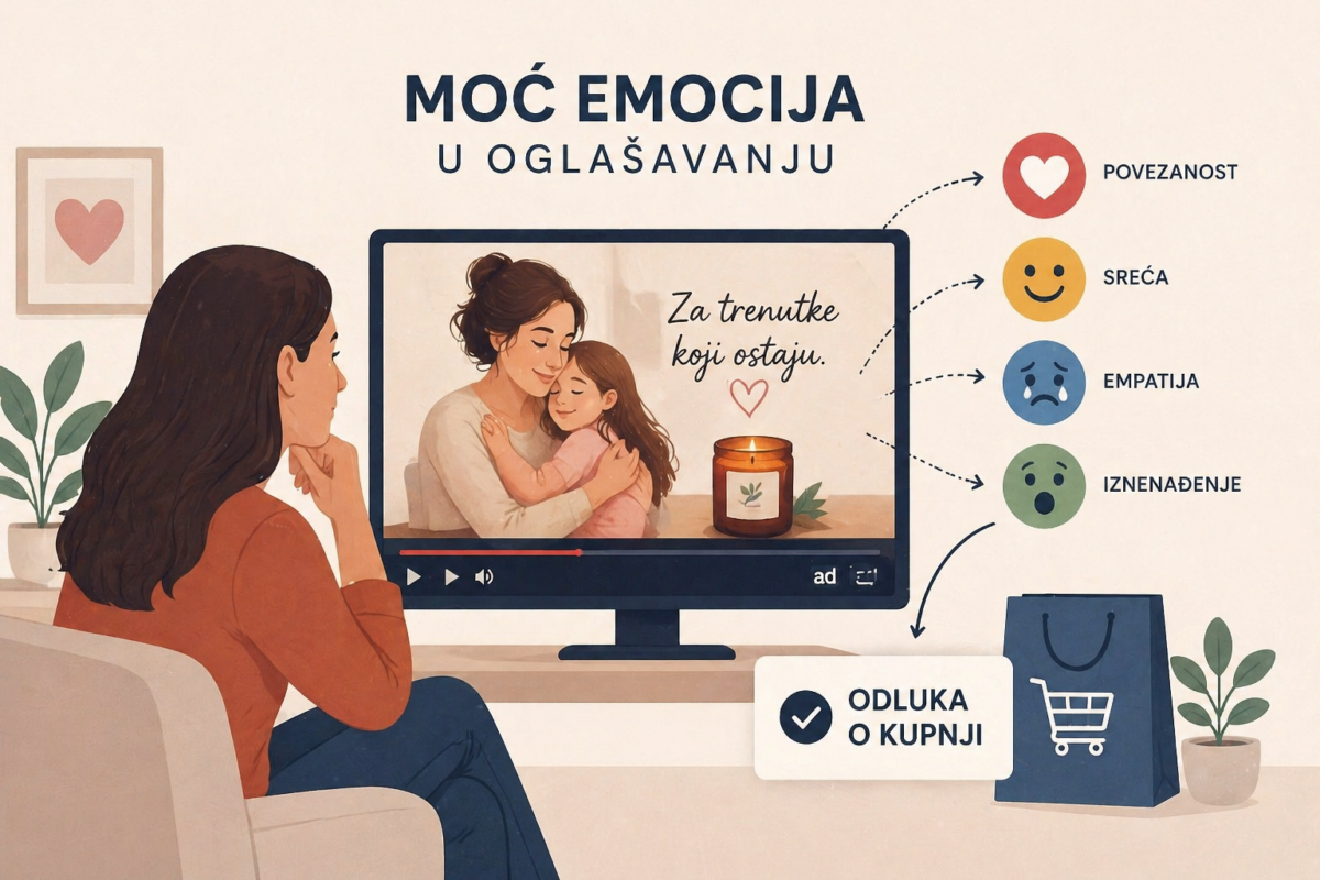 Ilustracija koja prikazuje moć emocija u oglašavanju; žena gleda emotivni oglas na ekranu, uz prikazane emocije poput povezanosti, sreće, empatije i iznenađenja koje vode do odluke o kupnji.