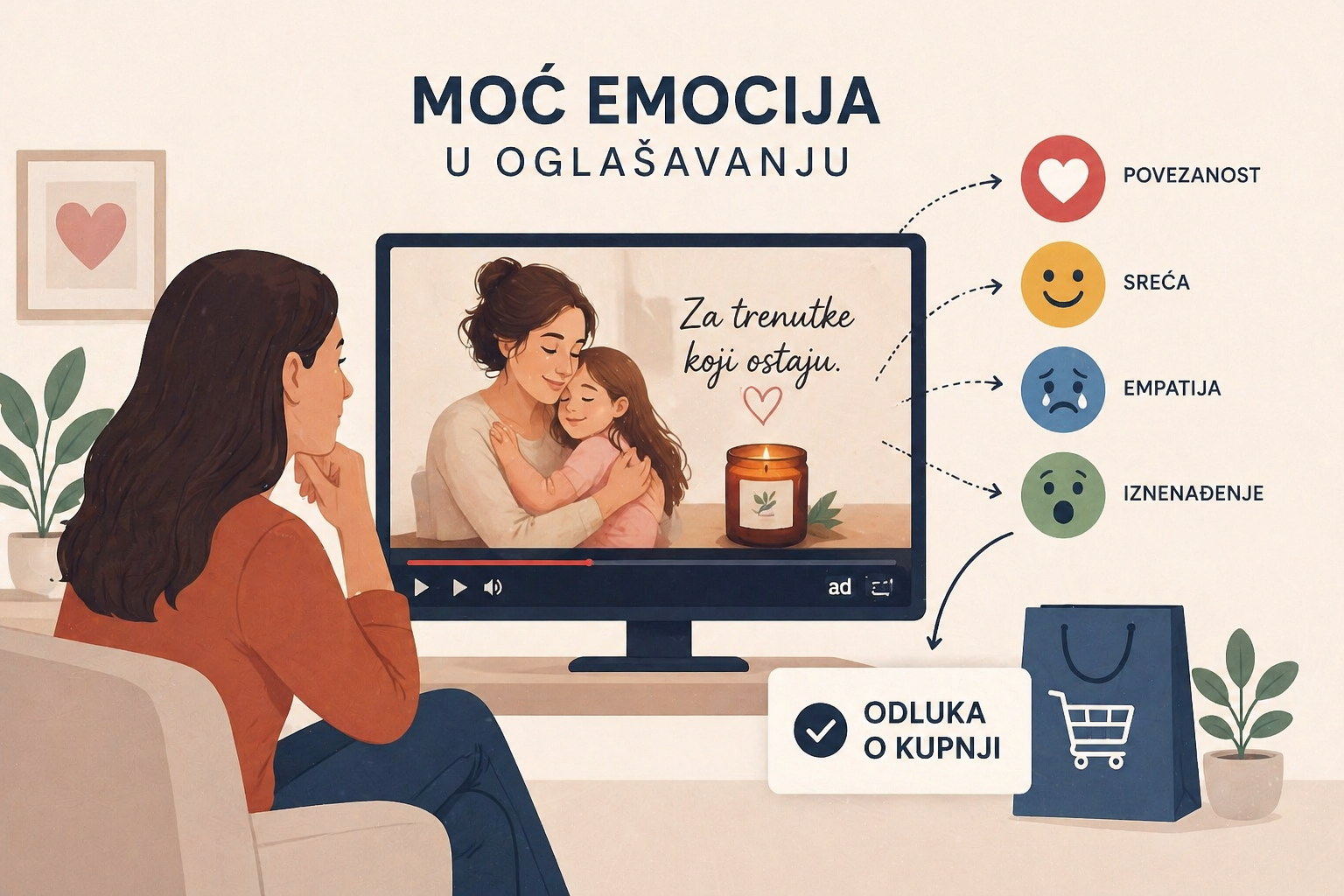 Ilustracija koja prikazuje moć emocija u oglašavanju; žena gleda emotivni oglas na ekranu, uz prikazane emocije poput povezanosti, sreće, empatije i iznenađenja koje vode do odluke o kupnji.
