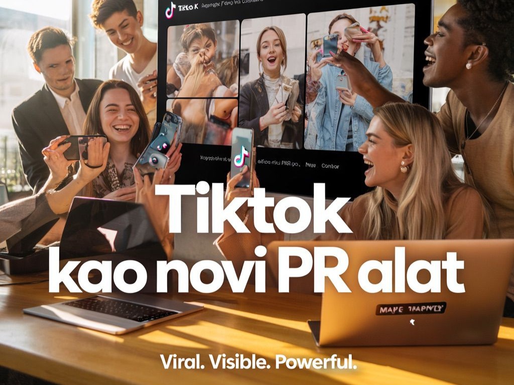 Natpis "TikTok kao novi PR alat" i na pozadini ljudi koji gledaju TikTok