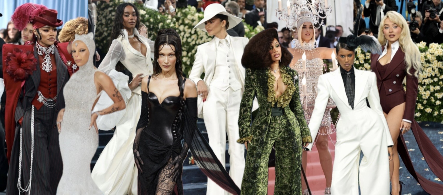 Kolaž s poznatim licima i njihovim outfitima na Met Galama.