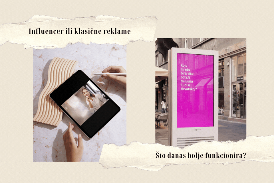 Usporedba influencera i klasičnih reklama prikazana kroz tablet s influencer sadržajem i billboard oglas u vanjskom okruženju.