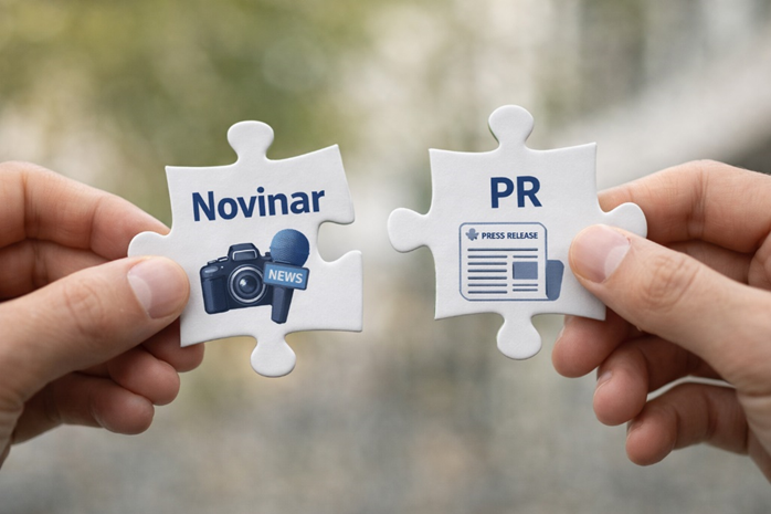 Dva dijela puzzle s natpisima „Novinar” i „PR” koji se spajaju, simbol suradnje medija i PR-a.