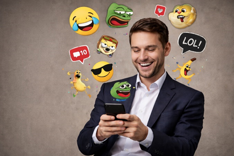 Humor i meme-ovi u PR kulturi. Čovjek koji se smije zbog sadržaja na mobitelu.