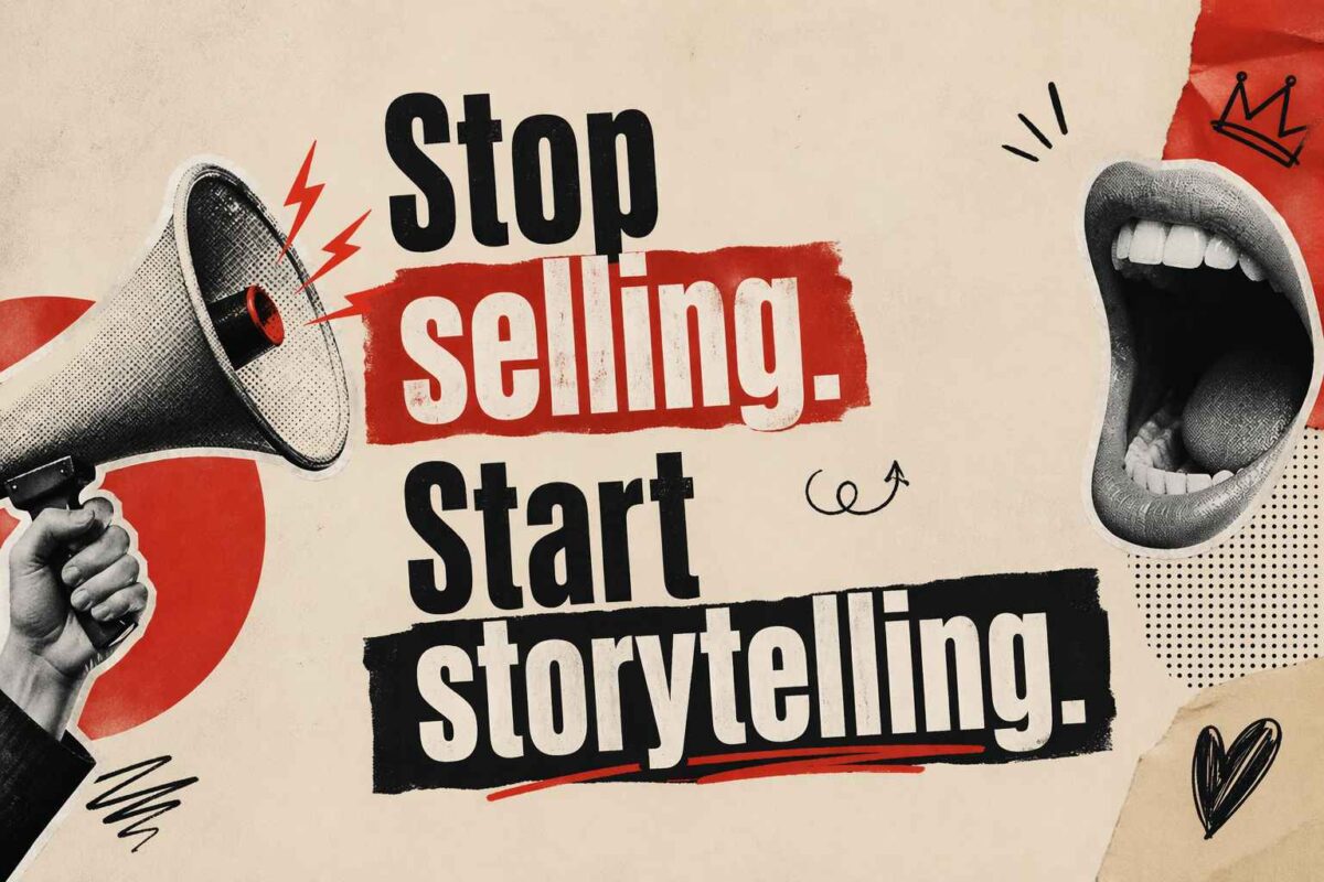 Plakat s natpisom „Stop selling. Start storytelling.”, uz ilustraciju ruke, megafona i usta koja govore.