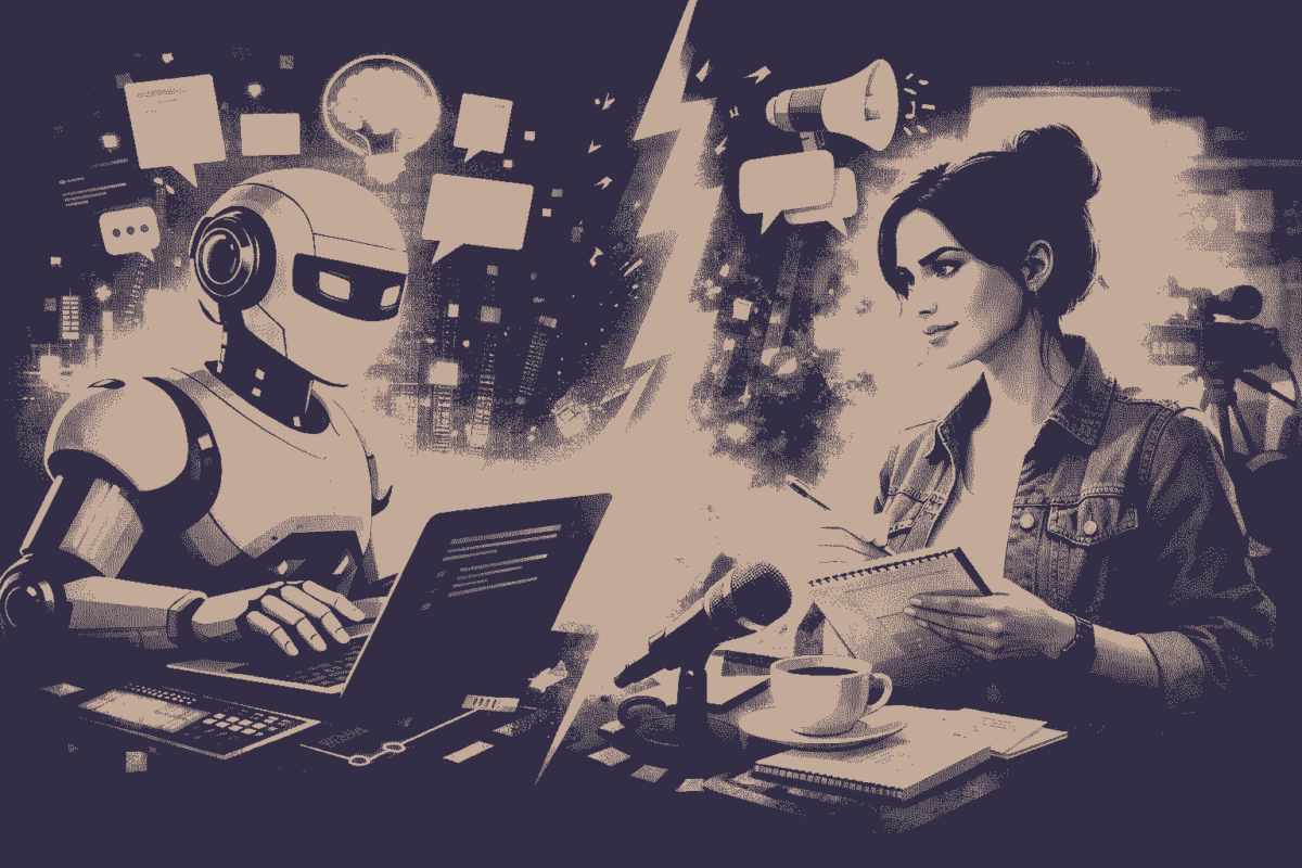 AI generirana slika robota i djevojke za laptopom