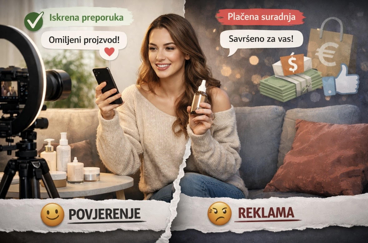 AI generirana slika influencerice koja snima reklamu za društvene mreže