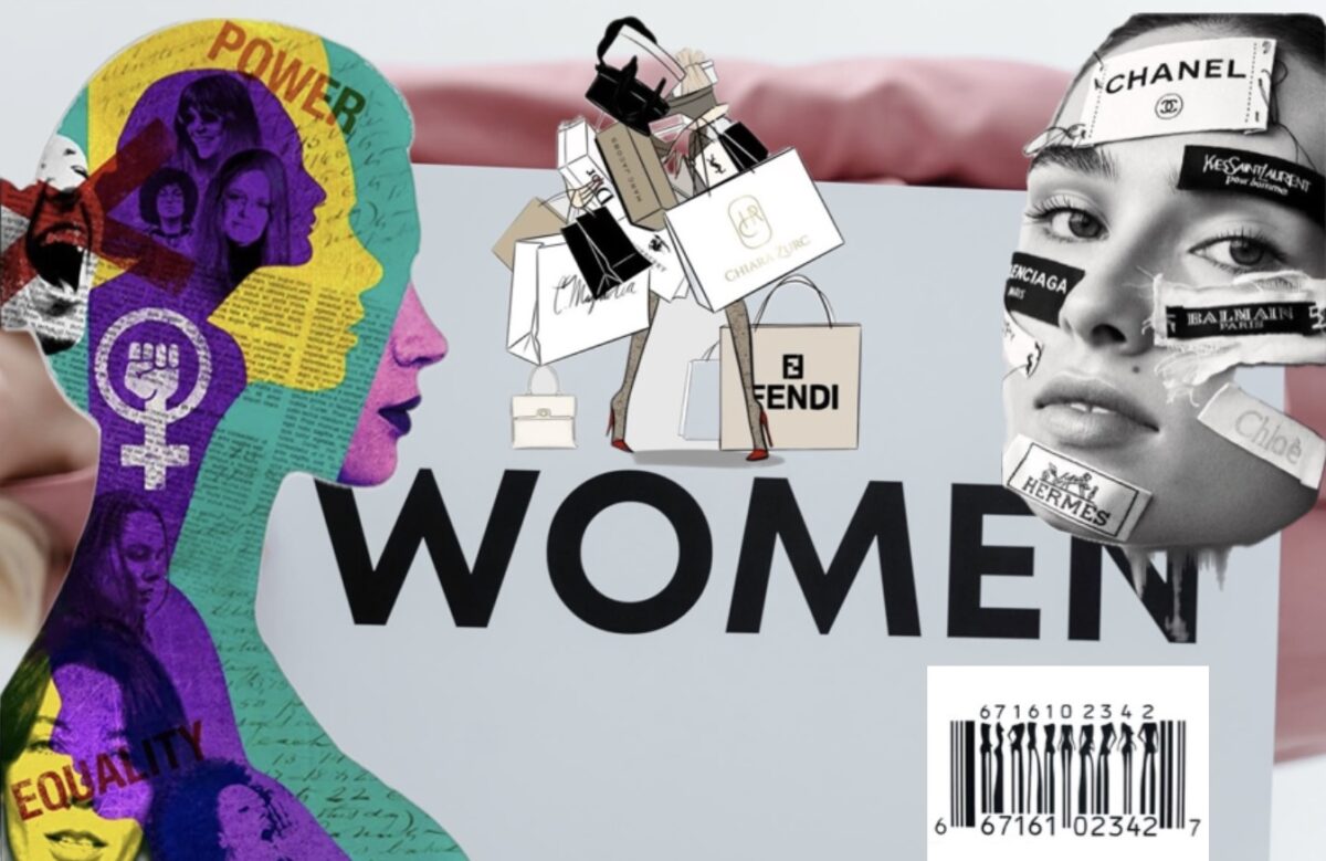 Kolaž s natpisom "woman", ženskom glavom s etiketama brendova, bar kodom u obliku žene i slični motivi.
