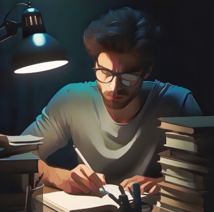 Ilustracija muškarca koji navečer uči i piše bilješke za stolom, pod svjetlom lampe, okružen knjigama.