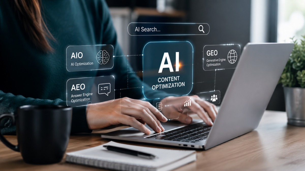 Prikat laptopa iz kojeg izlaze natpisi AEO, AIO i GEO optimizacije.